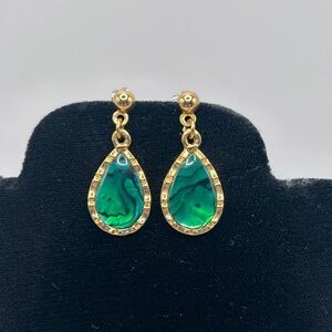 Vintage Gold tone Sparkling iridescent Green Enamel Pierced Earrings​​​​​​​​